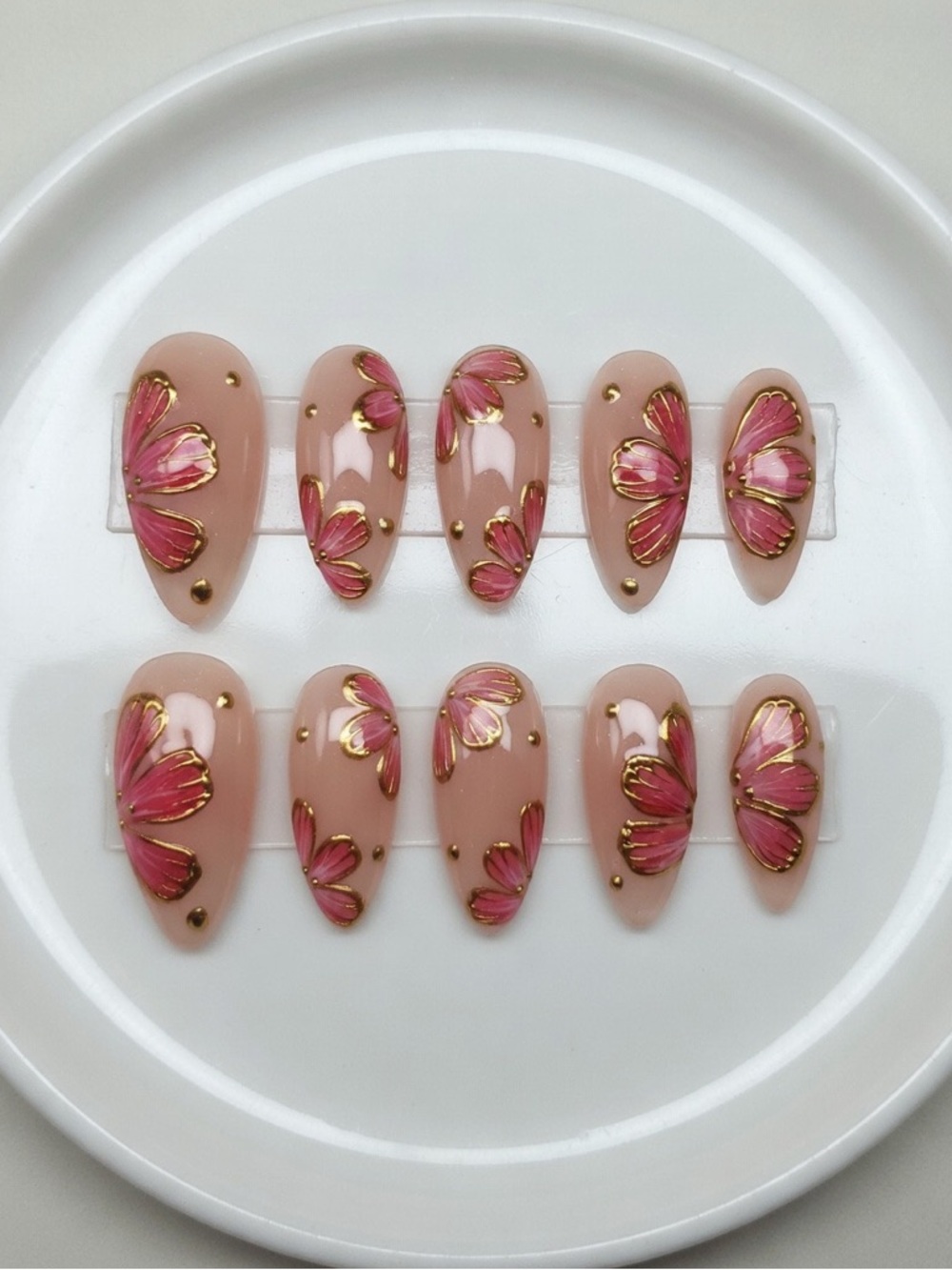 Nude Pink Floral Press-On Nails with Gold Accents